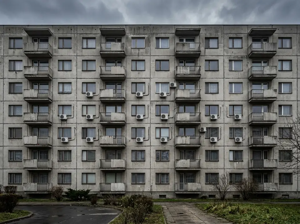 Panelház homlokzata erkélysorral, ablakok alatt fehér kültéri klímaegységekkel
